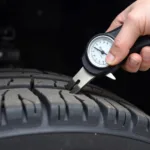 Car mechanic inspecting tire tread depth during a car service