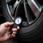 Mechanic inspecting car tire tread depth and condition