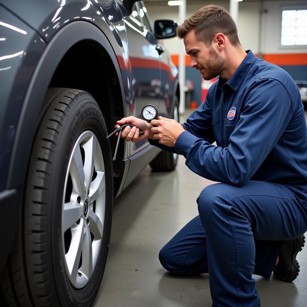 Mechanic using a pressure gauge to check tire pressure during 55 point car service