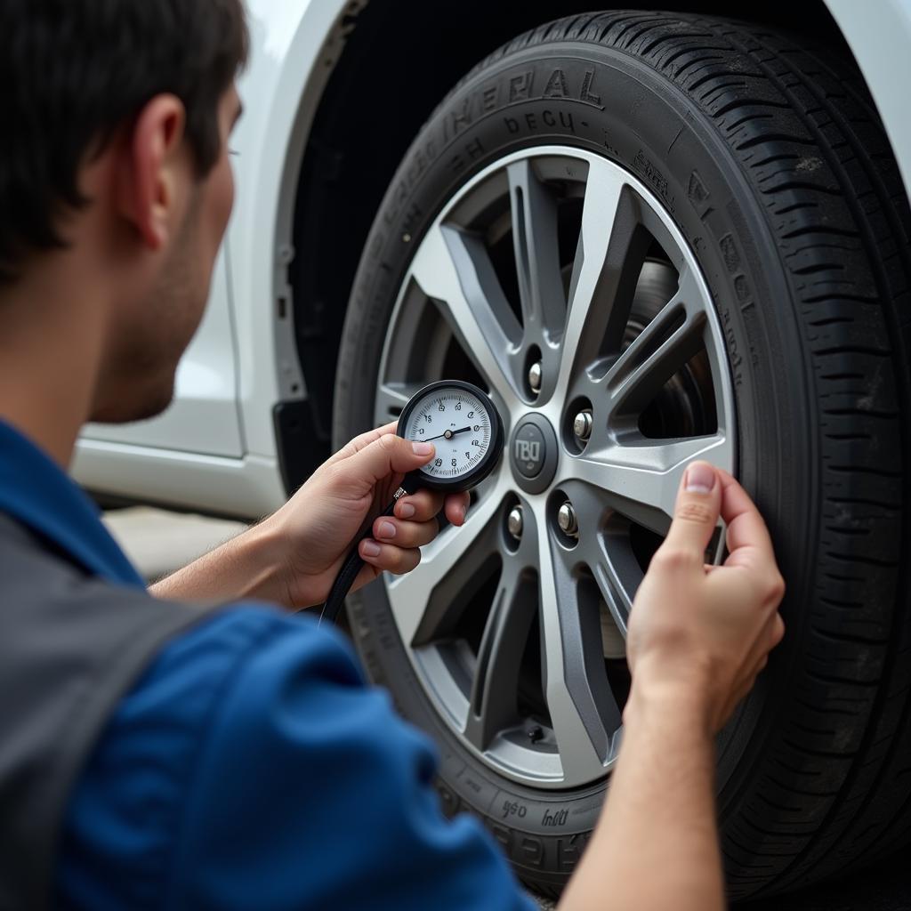 Mechanic checking tire pressure with gauge