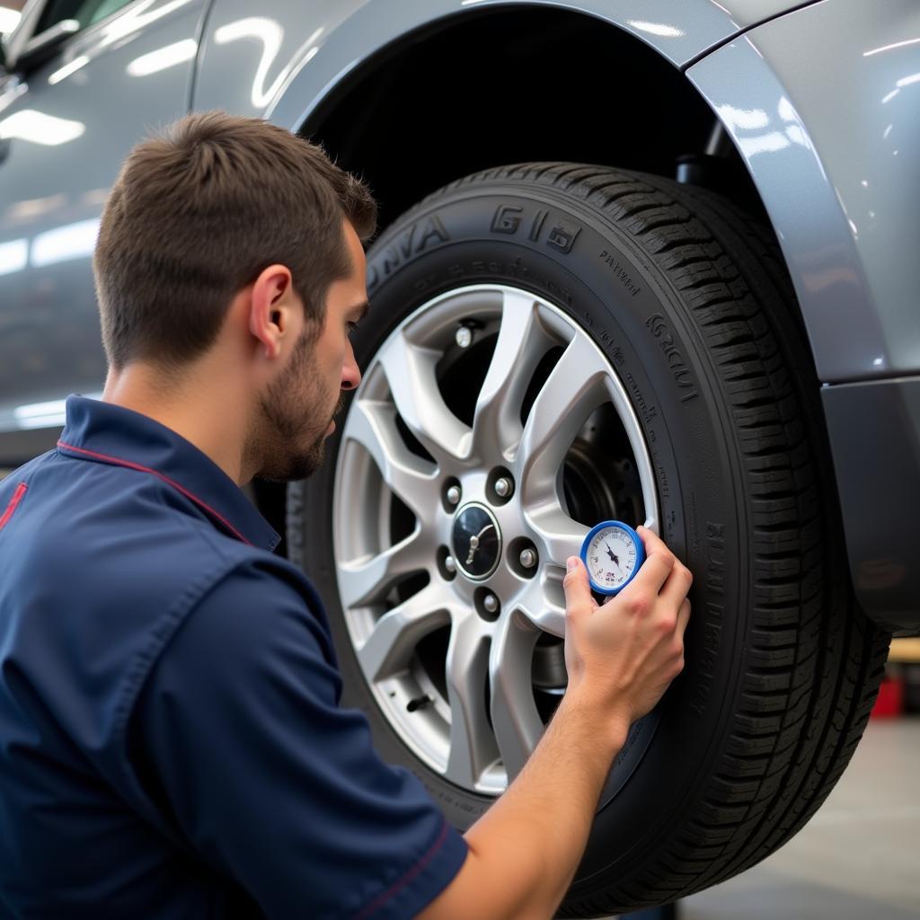 Mechanic checking tire pressure