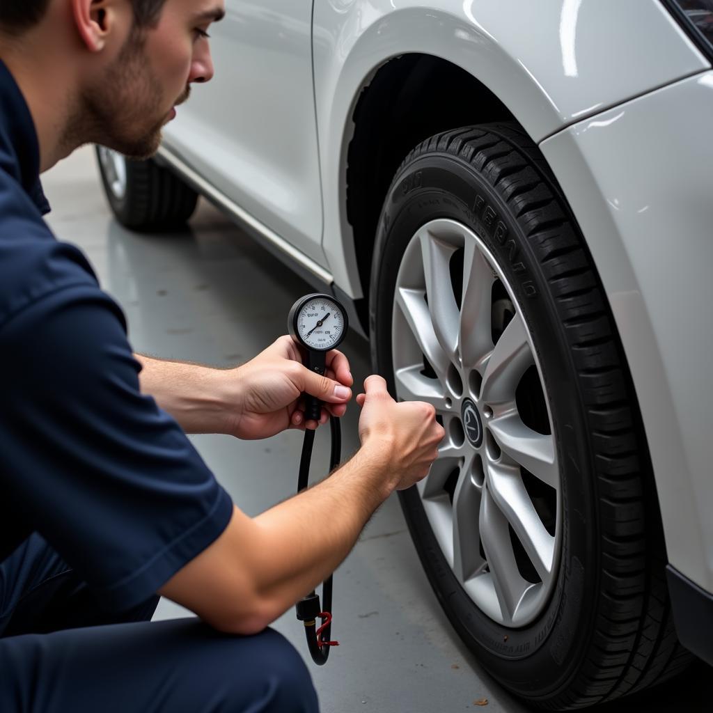 Mechanic checking car tire pressure