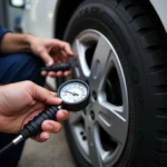 Checking tire pressure with a gauge