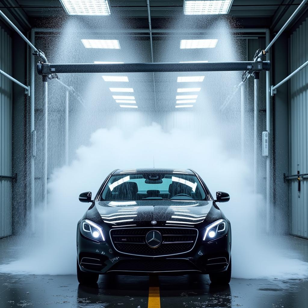 Car being washed in a touchless car wash system