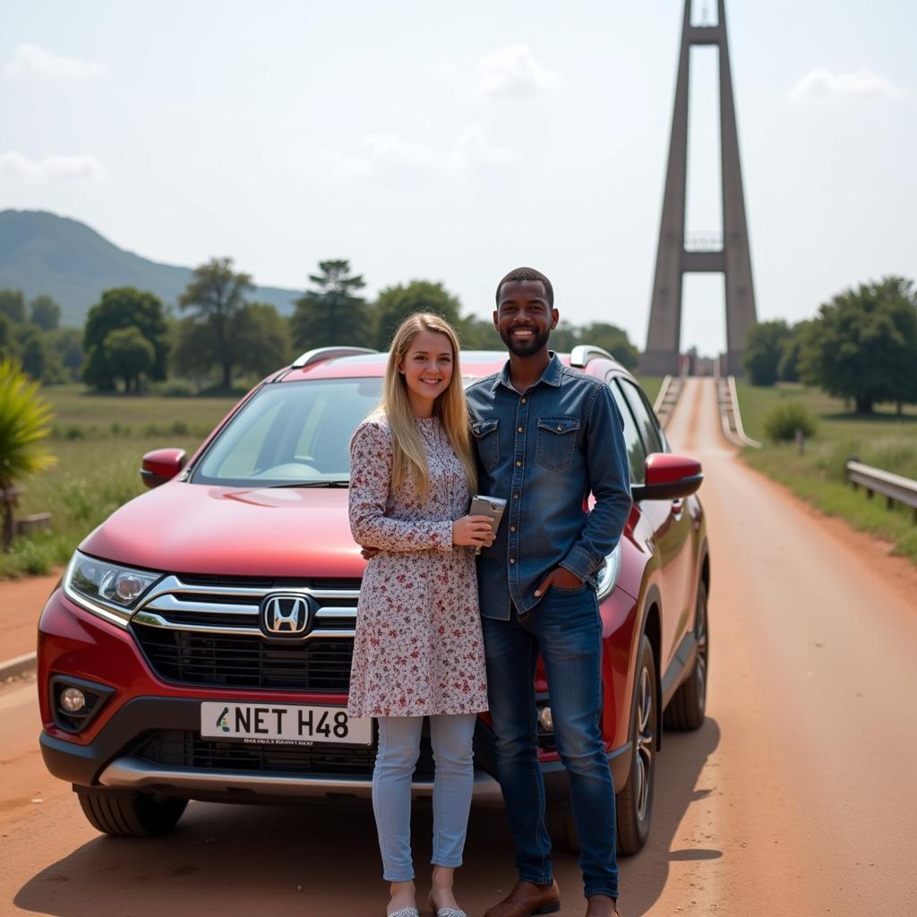 A couple standing beside their rental car, smiling, with a scenic backdrop of Ibadan