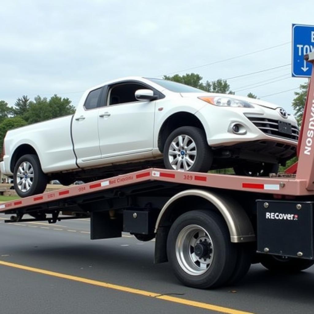 Tow truck recovering a broken-down car on a highway