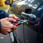 Towing service technician using tools to open a locked car door