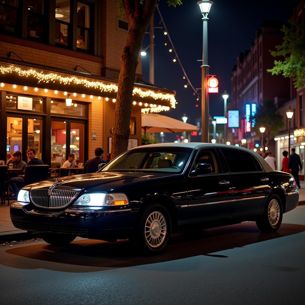 Luxury town car parked outside a vibrant restaurant in downtown Orlando