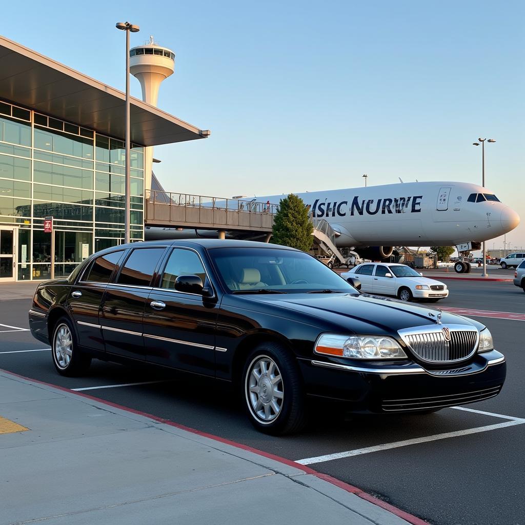 A town car waiting outside an airport terminal