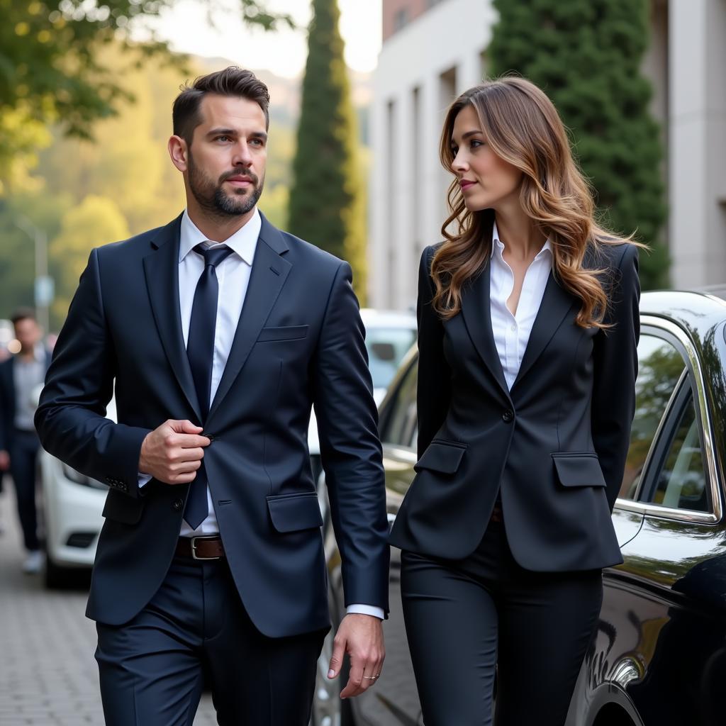 Professional chauffeur opening the car door for a businessperson in front of a modern office building