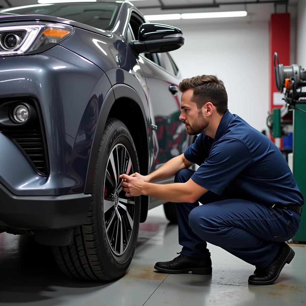 Toyota technician performing tire rotation under Toyota Care plan