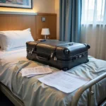 Hospital discharge paperwork and personal belongings on a bed, representing a patient transitioning from inpatient care.