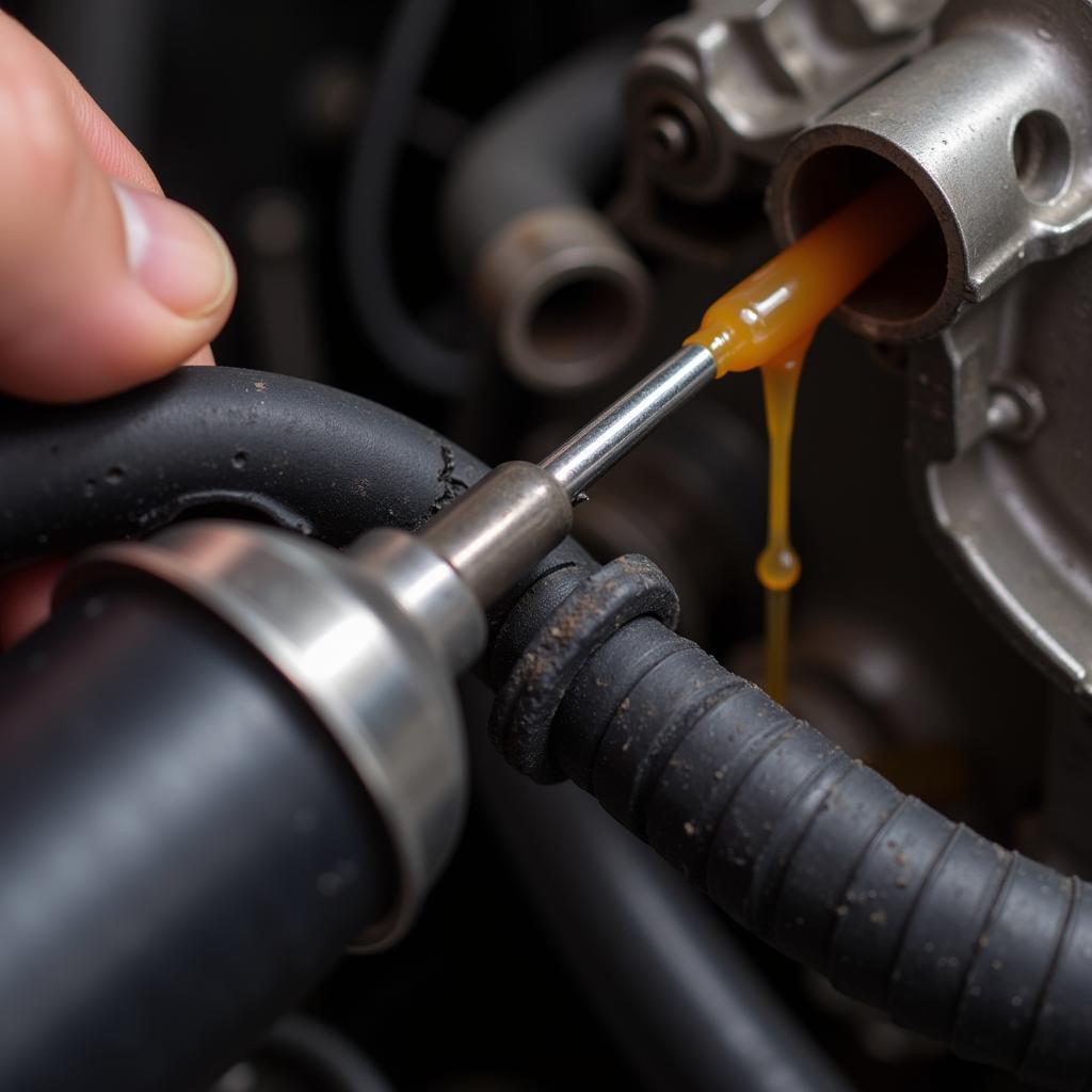 Mechanic inspecting car transmission fluid