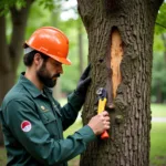 Tree service professional examining a tree for signs of disease