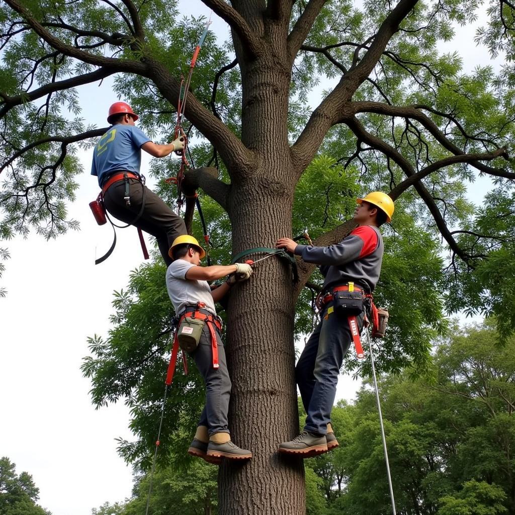 A team of tree service professionals collaborating on a project.