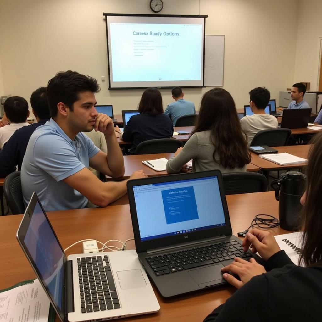 Students diligently working on their laptops