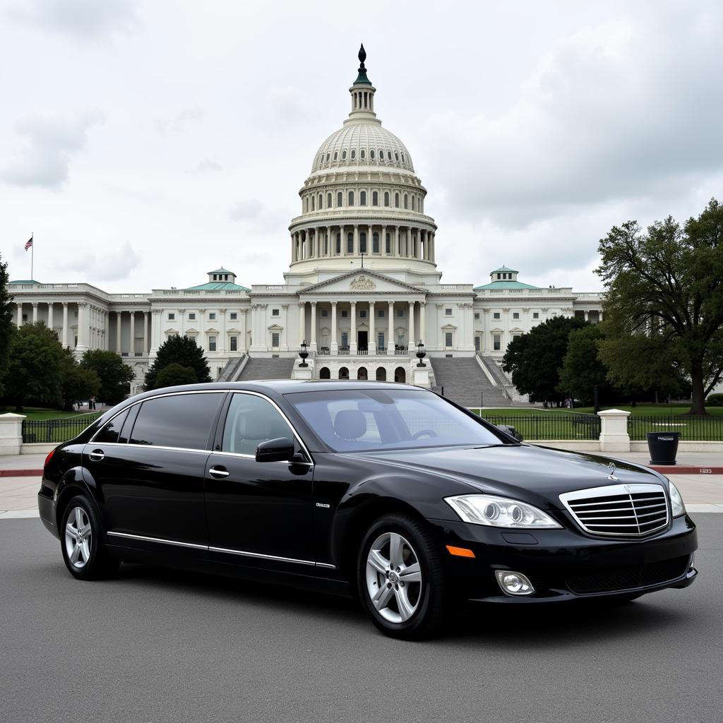 A black sedan with US Senate license plates parked in front of the Capitol Building.