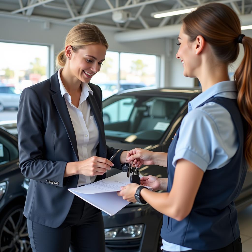 Friendly and professional staff member assisting a customer at a used car dealership