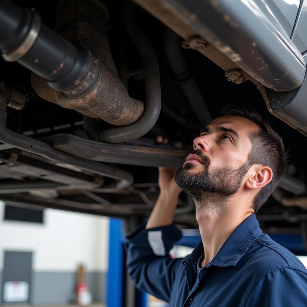 Mechanic inspecting the undercarriage of a used car