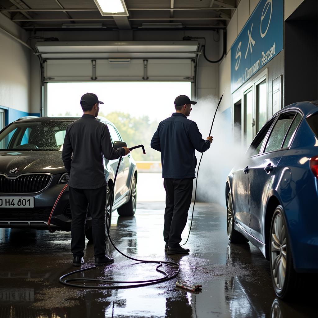 Person washing their car at a self-service car wash bay