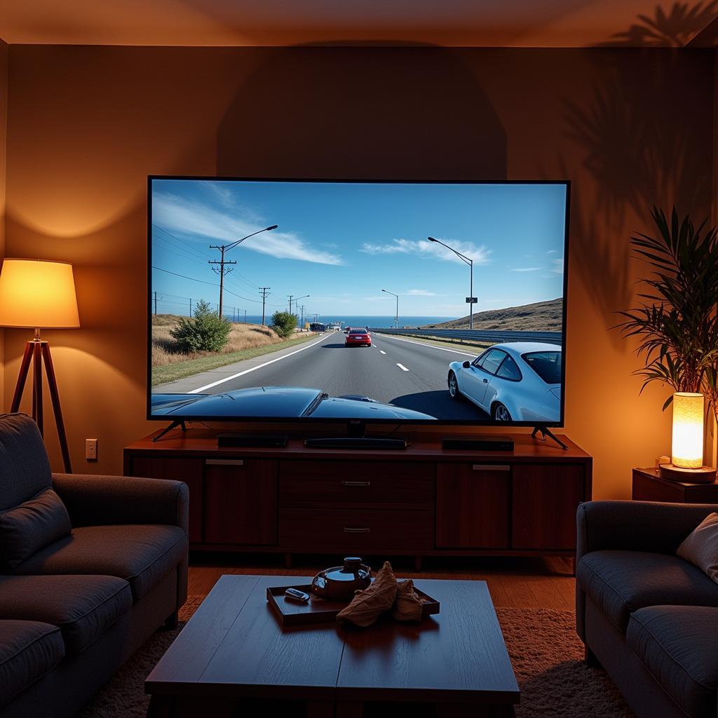 Person relaxing on a couch using a tablet to stream a car race