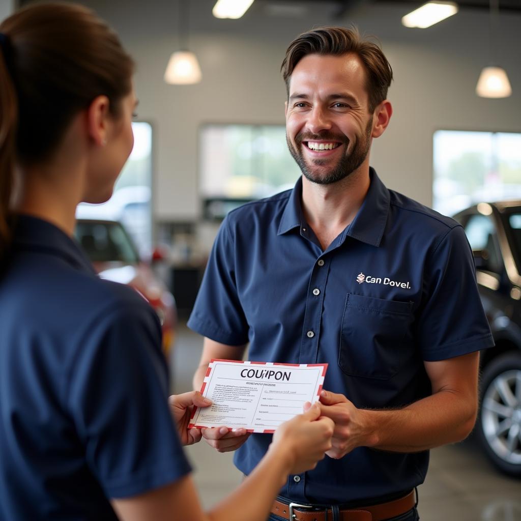 A customer using a car service coupon at a Burleson auto repair shop