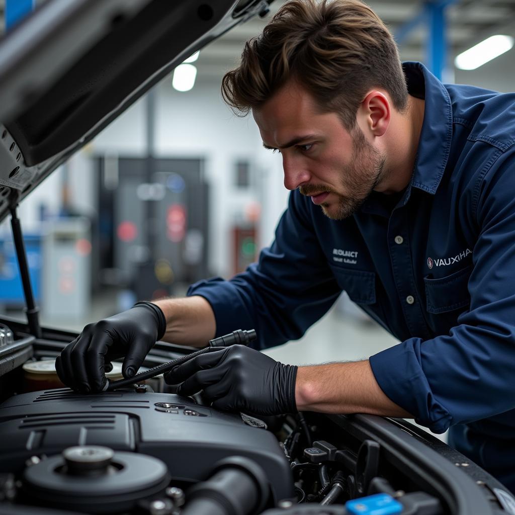 Vauxhall Technician Performing Engine Inspection