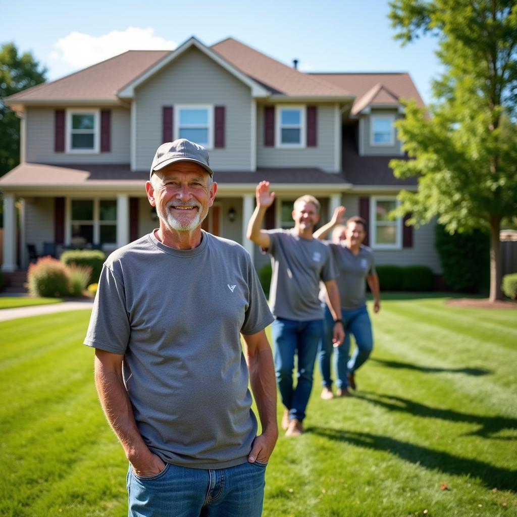 Veteran stands proudly in front of his neatly mowed lawn