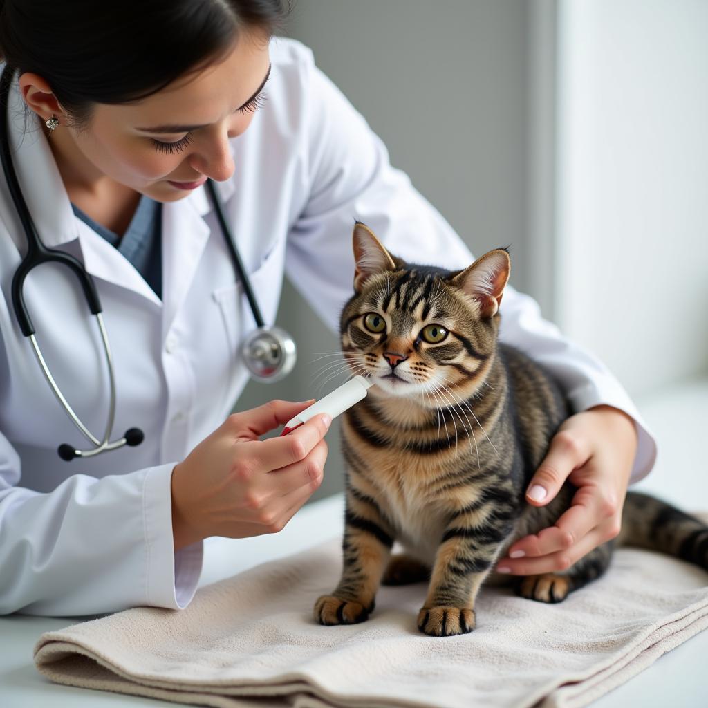 Veterinarian administering medication to a cat