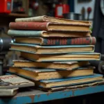 Vintage Car Service Manuals Stacked on a Workbench