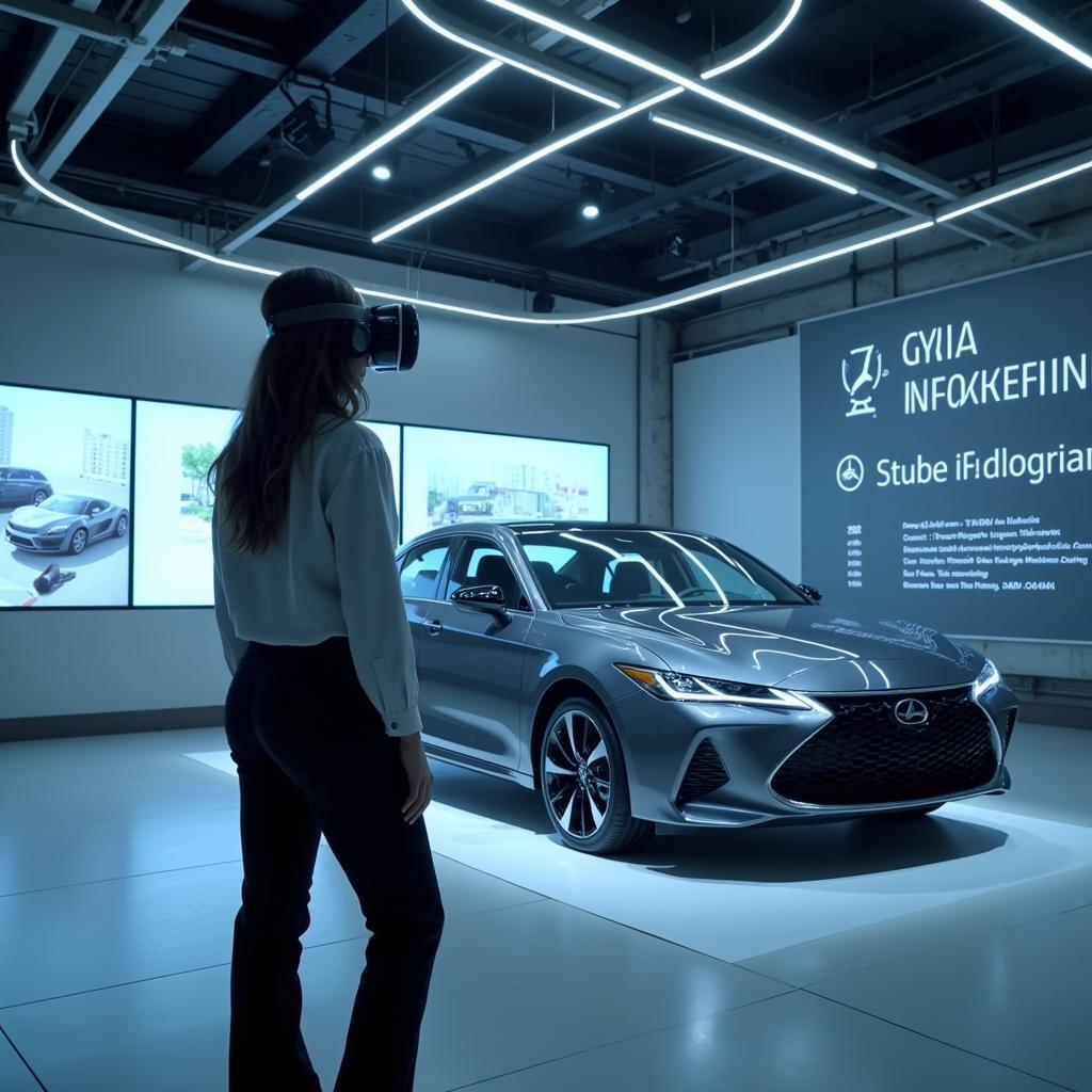 A person wearing VR headset experiencing a virtual car showroom. 