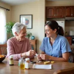 Senior woman receiving assistance with medication from a caregiver