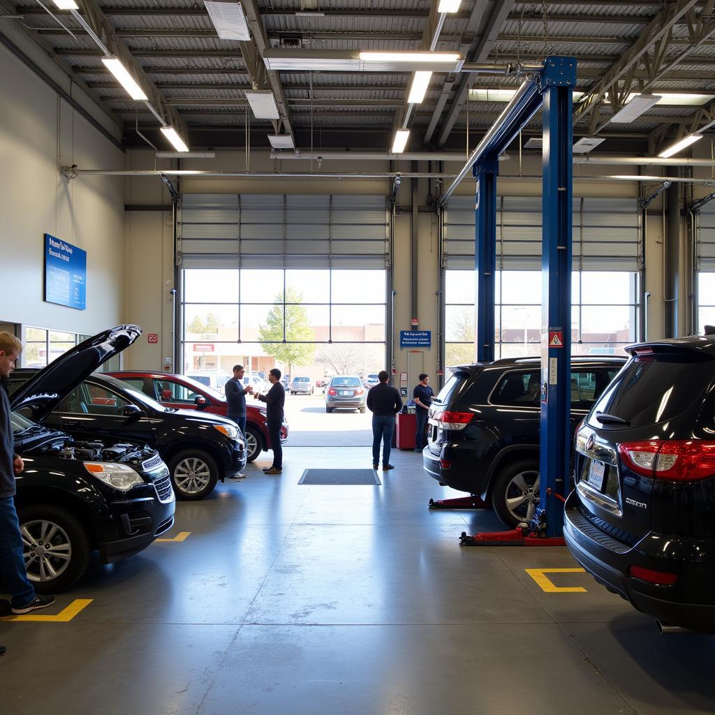 A bustling Walmart Auto Care Center service bay