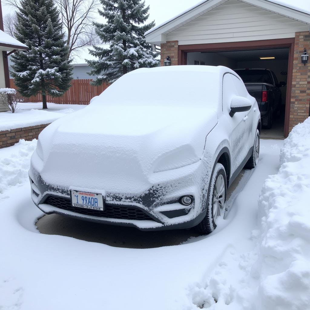 Car covered in snow in a Fargo driveway