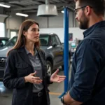 A woman discusses car repair options with a mechanic during her bankruptcy.