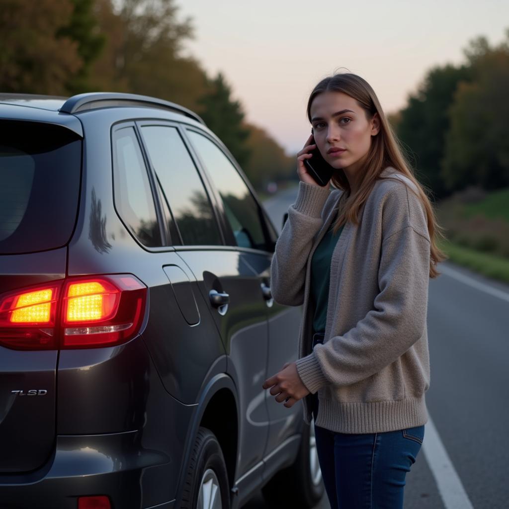  Woman on Phone with Roadside Assistance After Car Breakdown