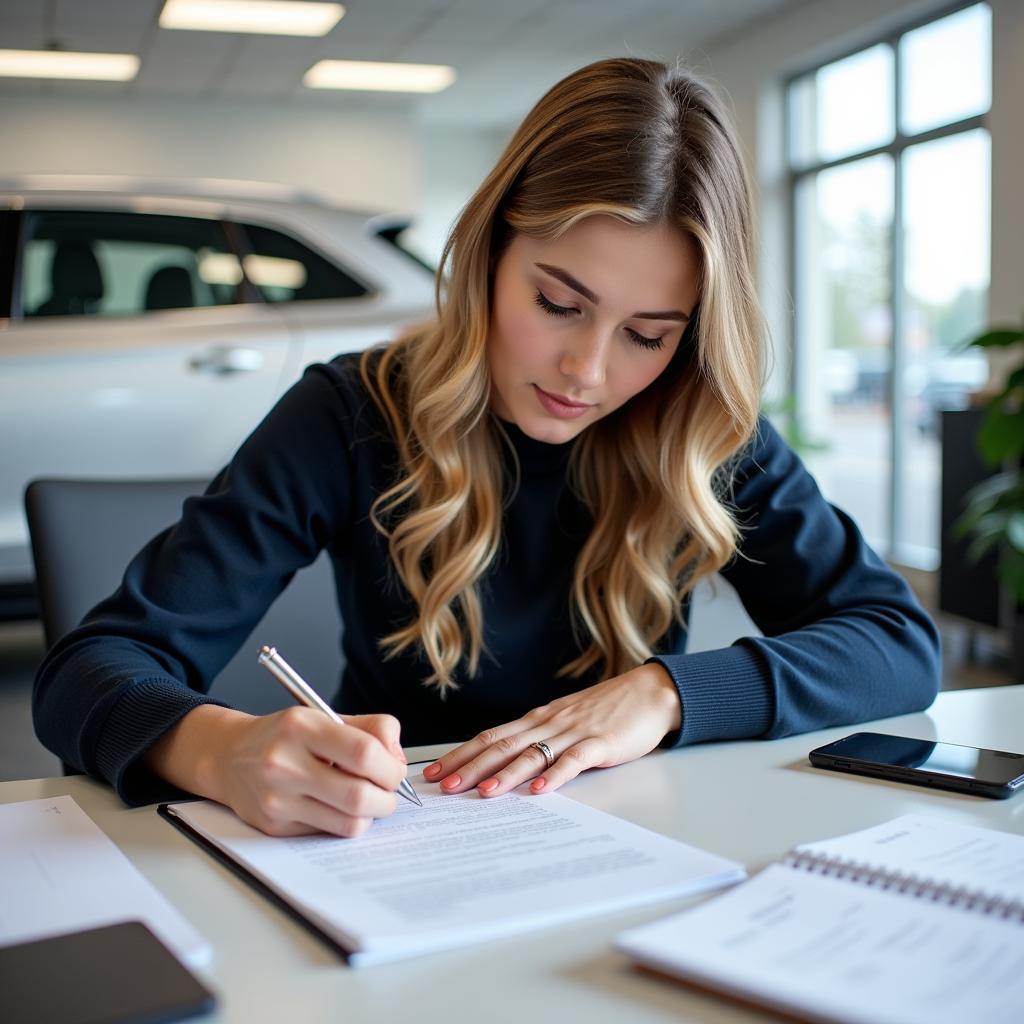 Woman signing car repair documents at a dealership