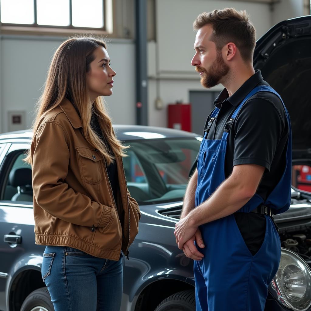 Woman discussing car issues with a mechanic