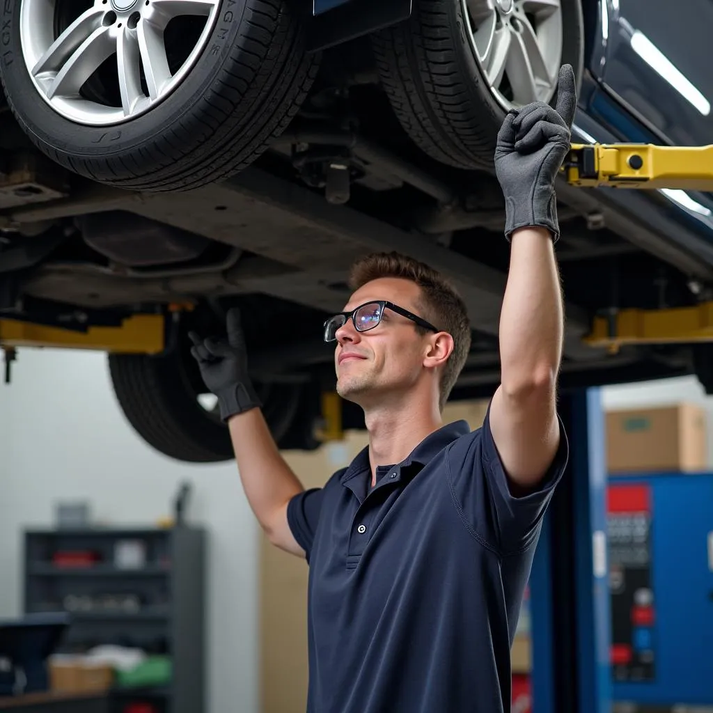 Mechanic Working Safely Under a Raised 2011 Mercedes E550