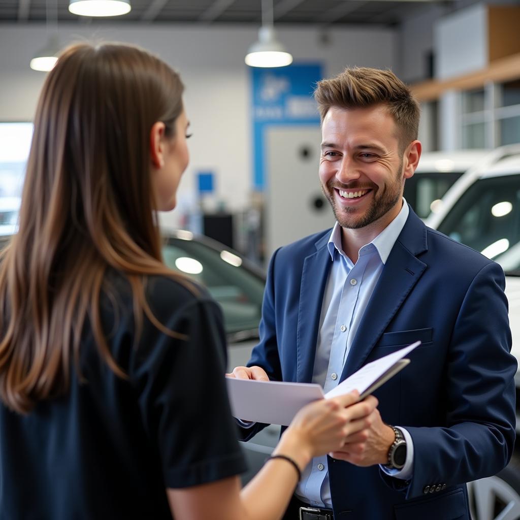 Car service advisor talking to a customer in Workington