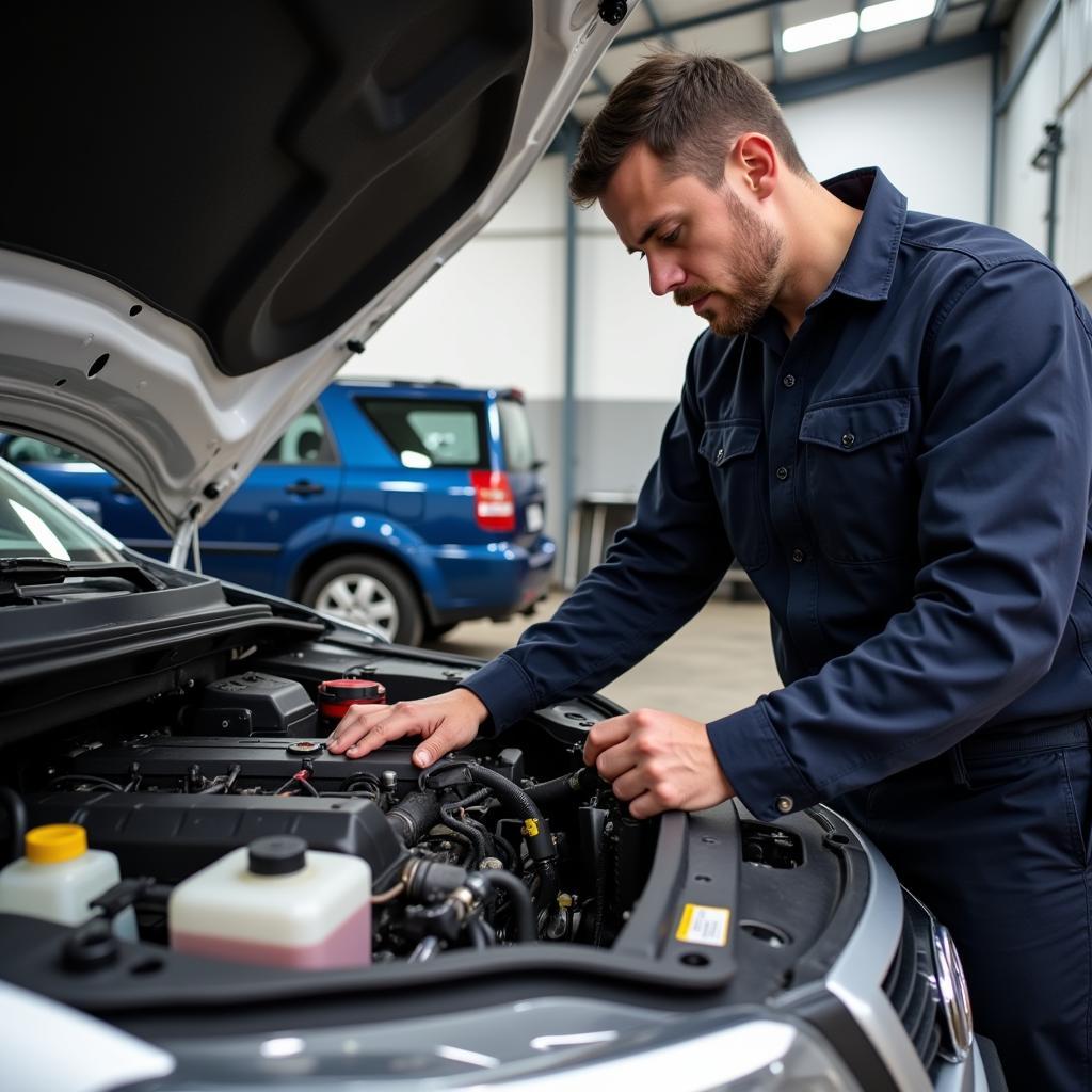 Car undergoing a 100,000 mile service inspection