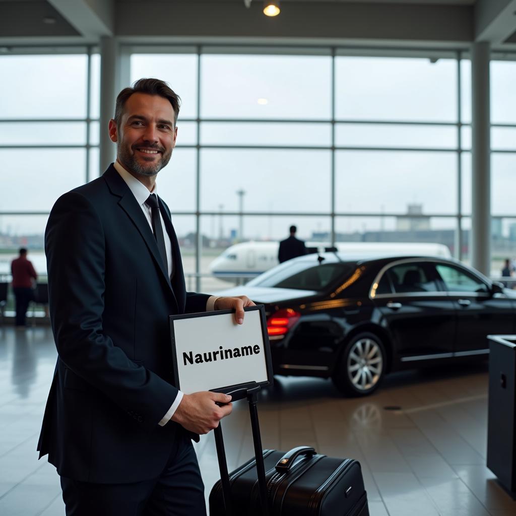 777 Car Service NYC Airport Pickup: A professional chauffeur greets a passenger at the airport with a name sign.