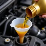 Adding new engine oil to a car engine using a funnel.