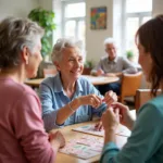 Senior with cognitive impairment participating in activities at adult day care