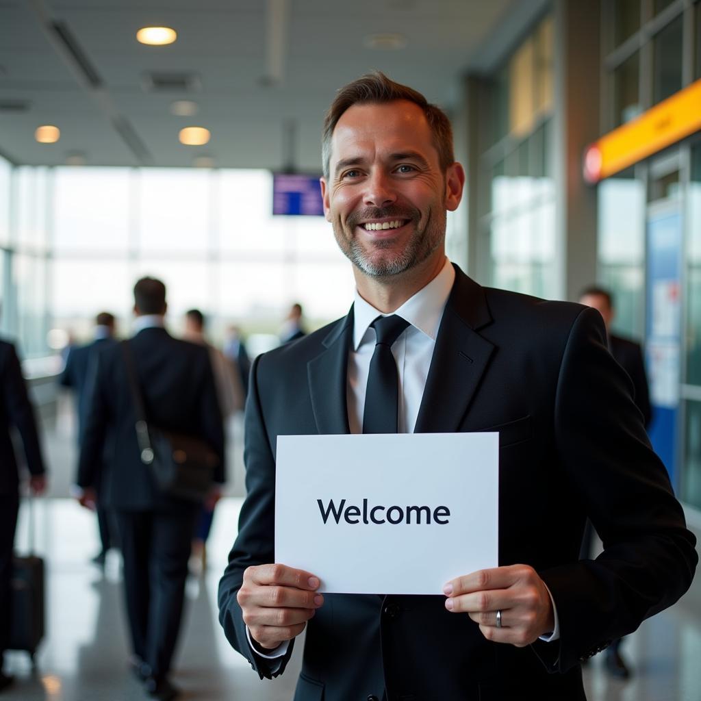 Passenger arriving at airport and being greeted by a chauffeur with a sign.