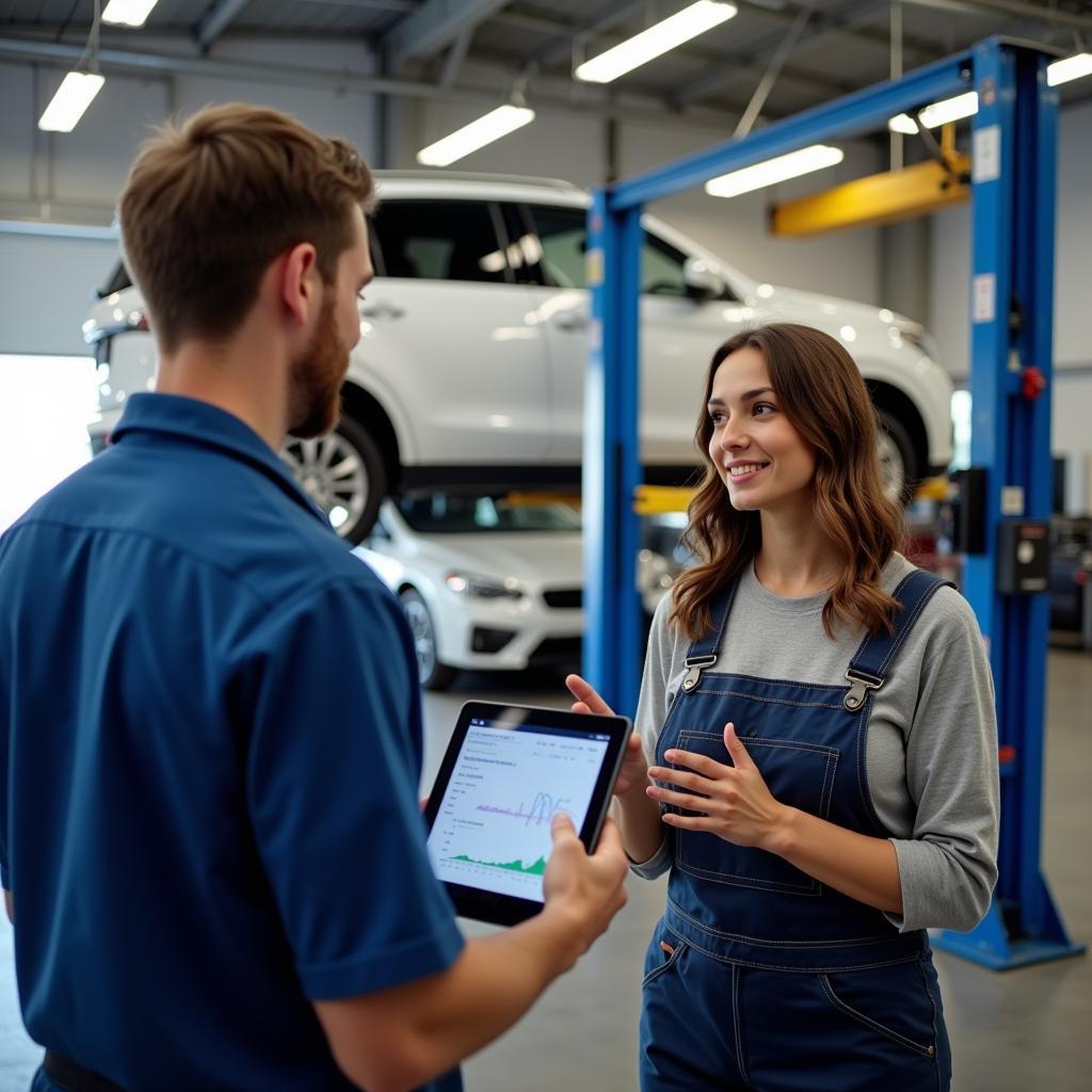 Customer discussing car issues with a mechanic in an Alabama car service center