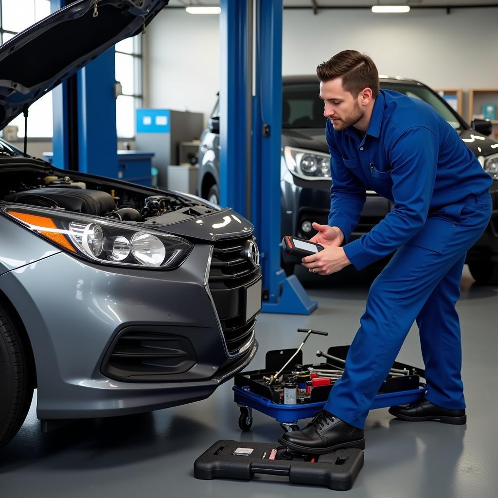 Mechanic checking under the hood of a car in an Alabama car service center