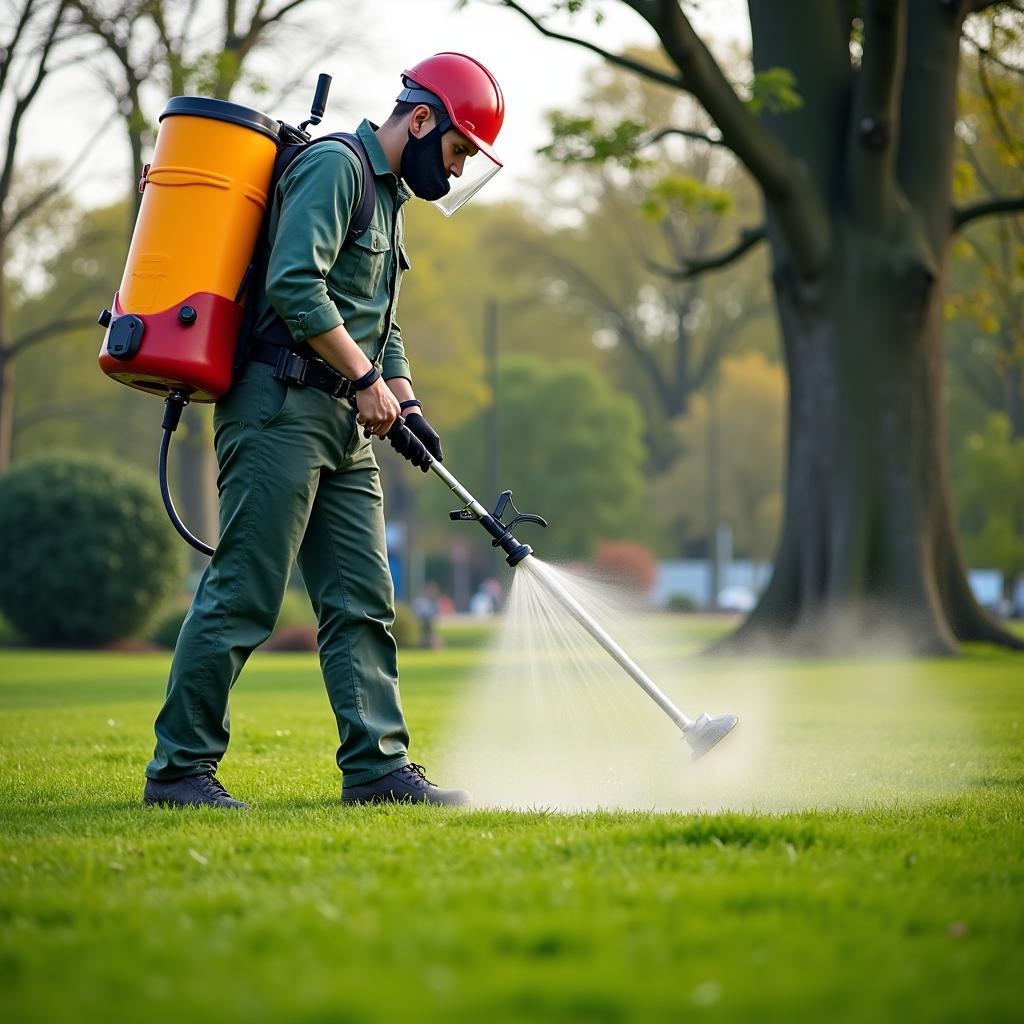 Professional Applying Herbicides to Lawn