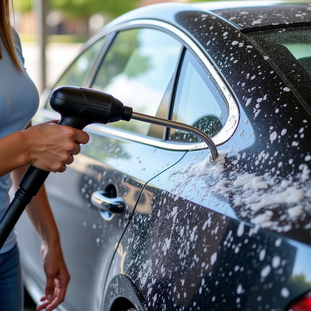 Applying Soap with High-Pressure Wand at Self-Service Car Wash