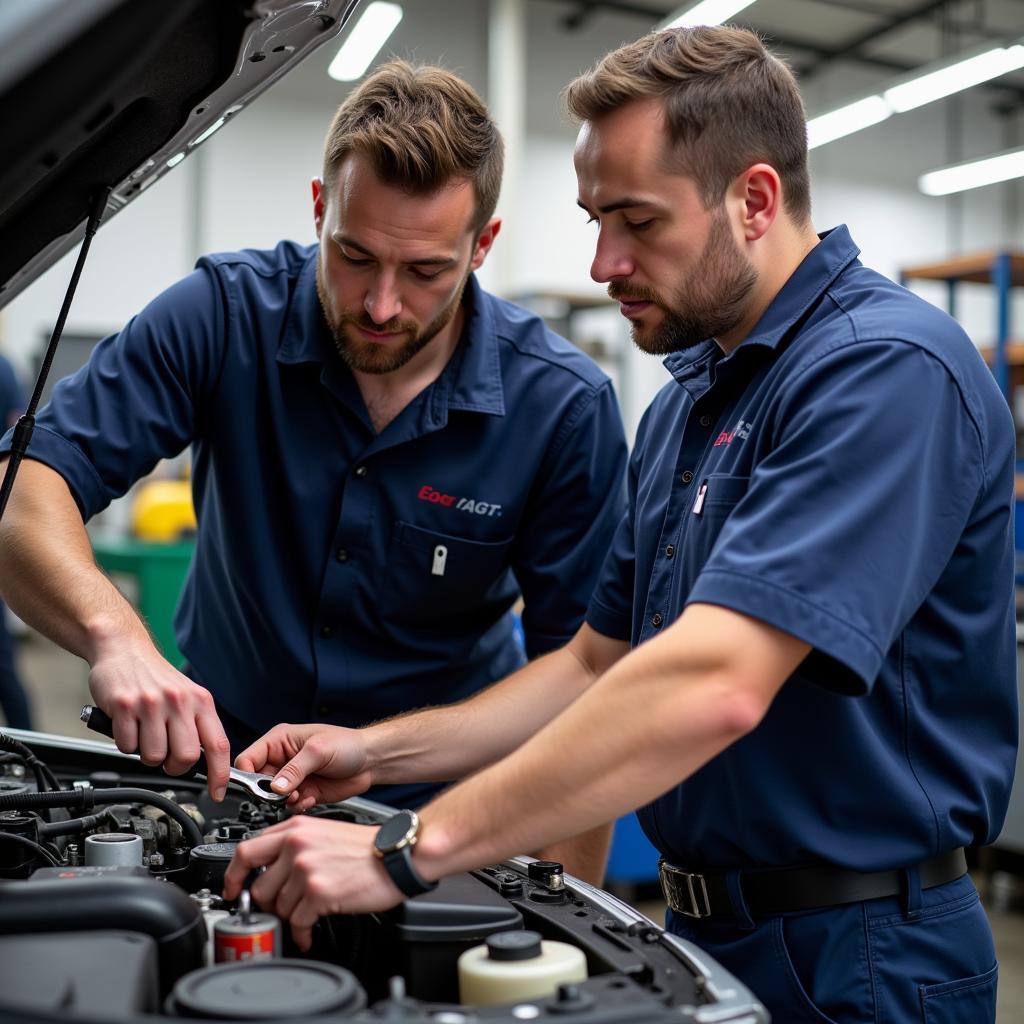 Apprentice Technician Working on a Car Engine